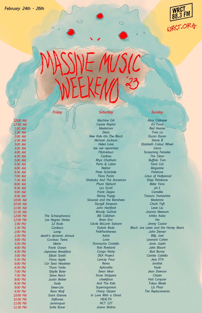 wrct883's tweet photo. Massive Music Weekend is this weekend! Tune in anytime Friday at noon until Sunday at 10pm for WRCT’s favorite artists ❤️❤️ special thanks to our underwriters @spiritpgh @SpakBrothers and Sidecar Bakery! 🎵🎵🎵 https://t.co/SrnkLCboJO