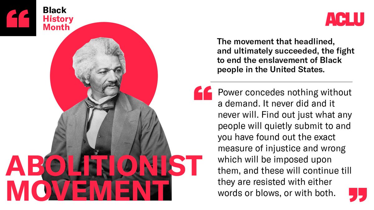 ACLU's tweet photo. Our nation has existed longer with slavery than without — and it'll never move forward if it can’t reckon with this history.

We honor the courage of the abolitionist movement by fighting to end mass incarceration, over policing, and all racist systems that persist today. https://t.co/IsnovzFC4S