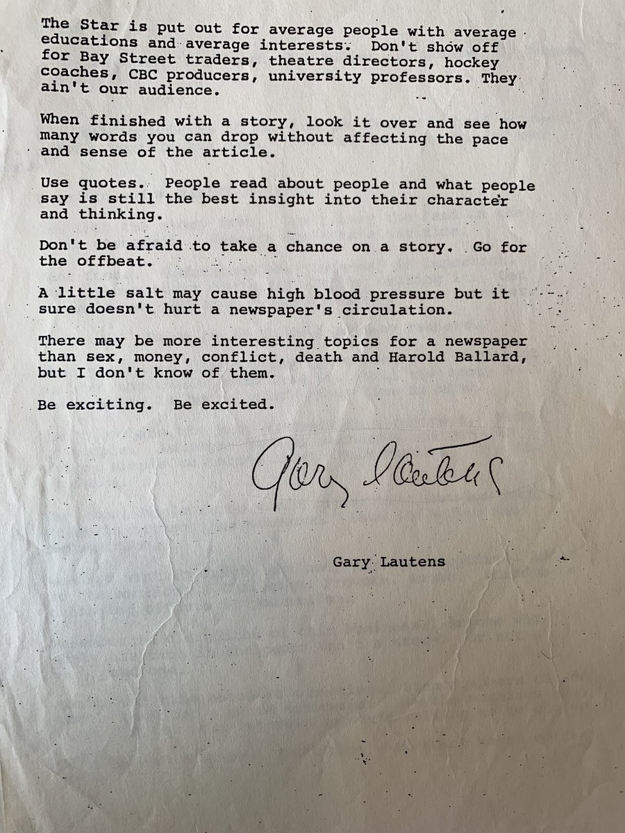 PaulBerton's tweet photo. As a young Star reporter, I always appreciated this memo from the great (and always gracious) Gary Lautens, then managing editor, I believe. It holds up well, 40 years later. ⁦@stephenlautens⁩ https://t.co/yFM3okohLU
