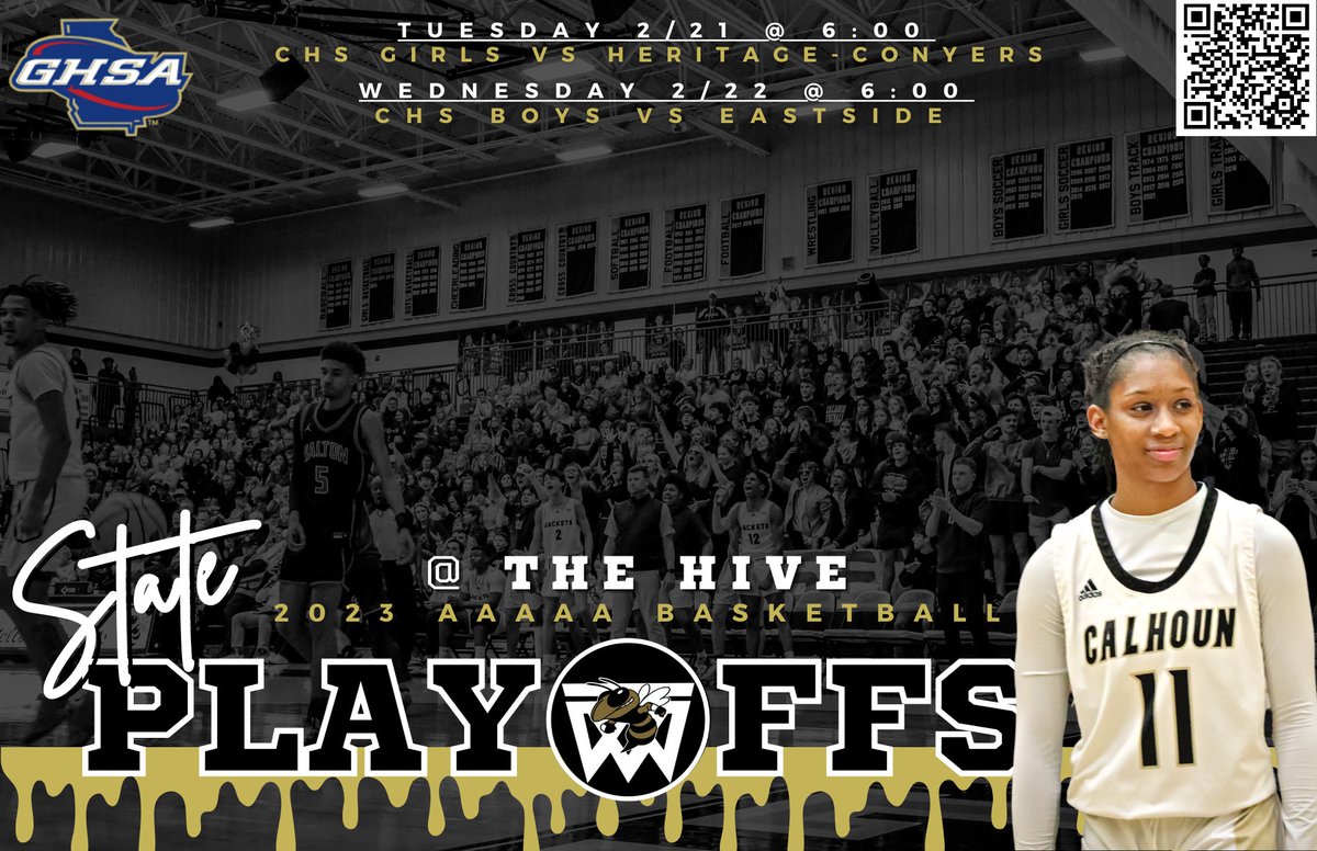 Calhoun hoops will host the first round of the 2023 AAAAA State Playoffs this Tuesday &amp; Wednesday at The Hive! The CHS Lady Jackets will face Heritage-Conyers (2/21), with the boys matched up with Eastside (2/22). Tip-off will occur at 6:00 pm - gates open at 5:00. 🐝🏀