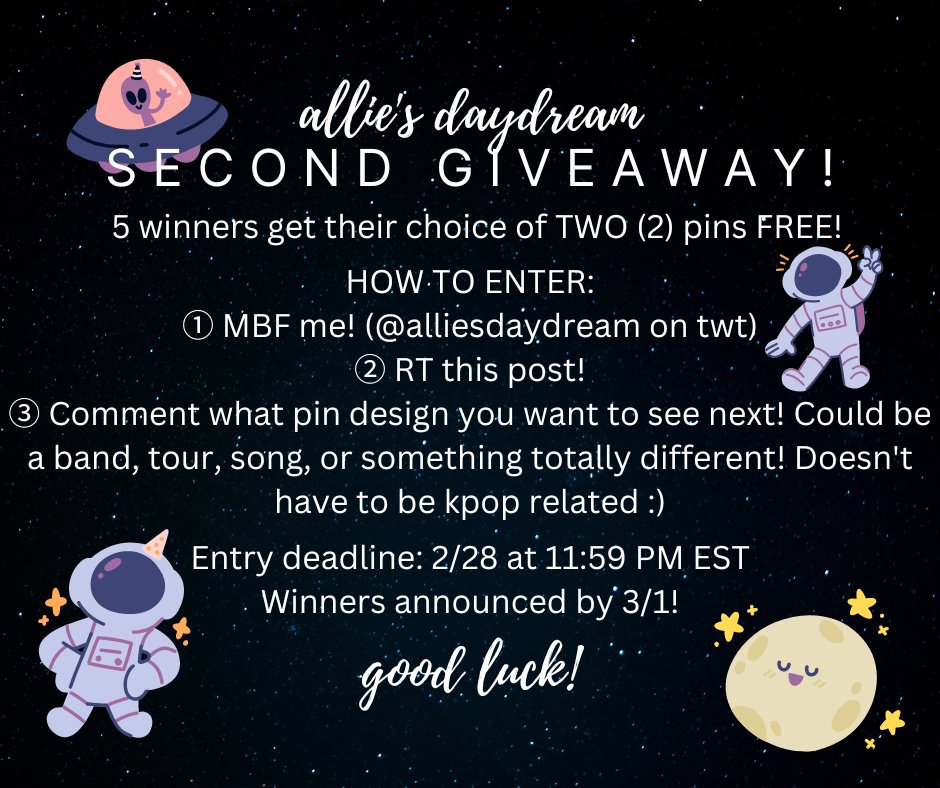 alliesdaydream's tweet photo. [ENAMEL PIN GIVEAWAY!]
Hey y’all! I'm hosting my second giveaway as a thank you for all of your support so far! 5 lucky winners will win 2 pins of their choice! Rules for entry are listed in the photo 🥰 https://t.co/SvTK5VWkmv