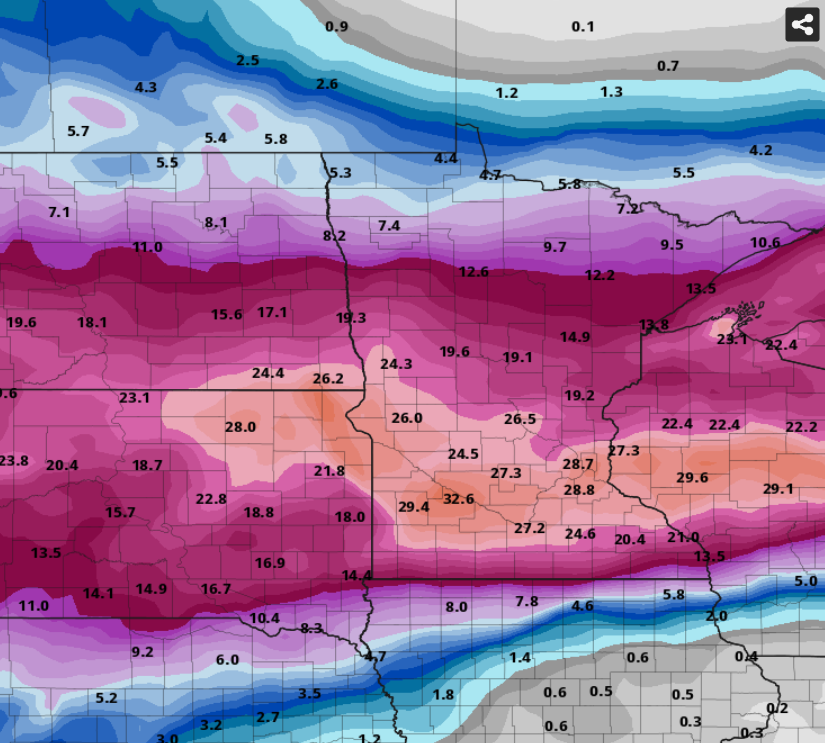 MPRweather's tweet photo. There are some high-end model forecasts that suggest this storm could challenge the all-time Halloween Mega-Storm record of 28.4" for MSP Airport. Northern MN will also see significant snow. Here's the Canadian model (Kuchera) snowfall output. https://t.co/3dLBNGbTe9