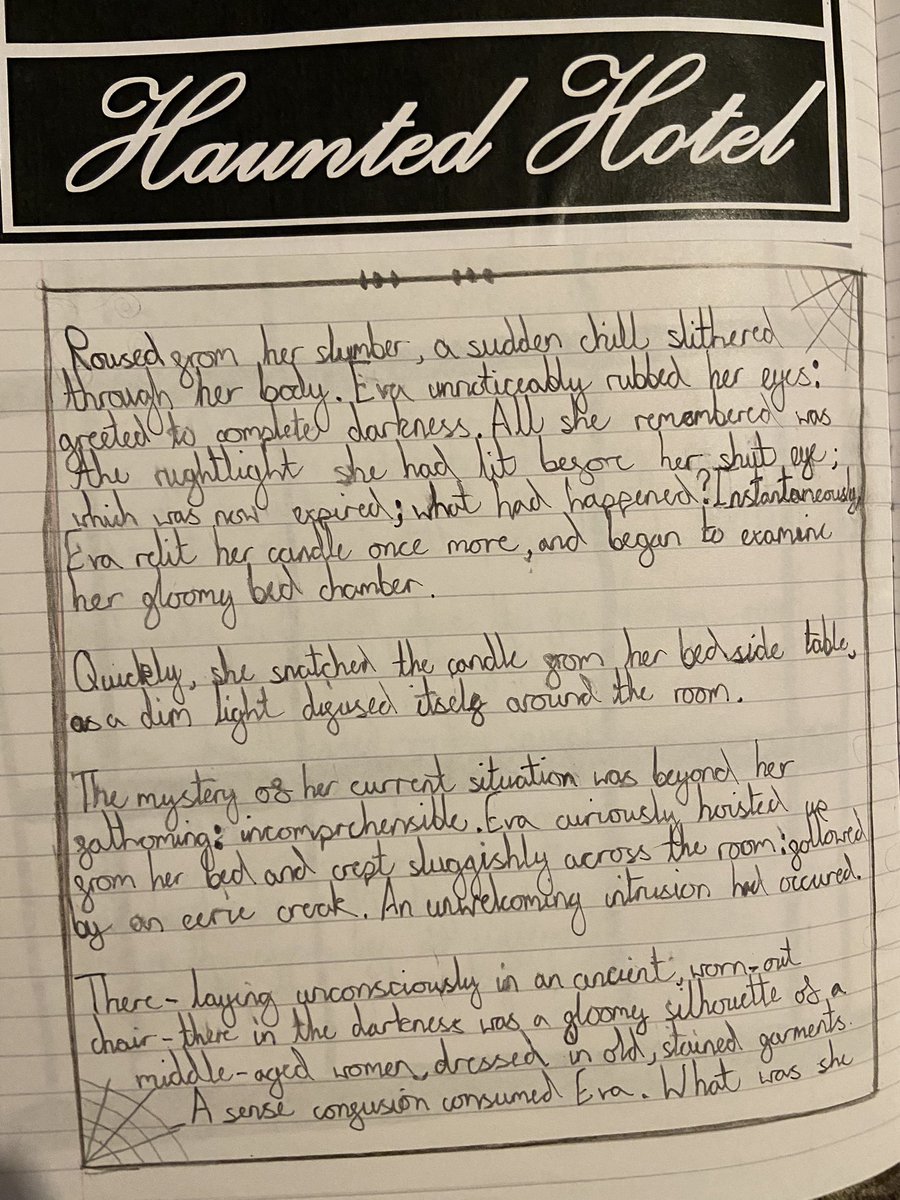 mlcrawfordWV's tweet photo. The children have loved getting creative with their horror writing this half term and have produced some fantastic writing based on ‘The Haunted Hotel’ and ‘The Dreadful Menace’. @WestViewPrimary @BobCox_SFE @LiteracyShed @AdAstraTrust https://t.co/xOMpqyQr0V