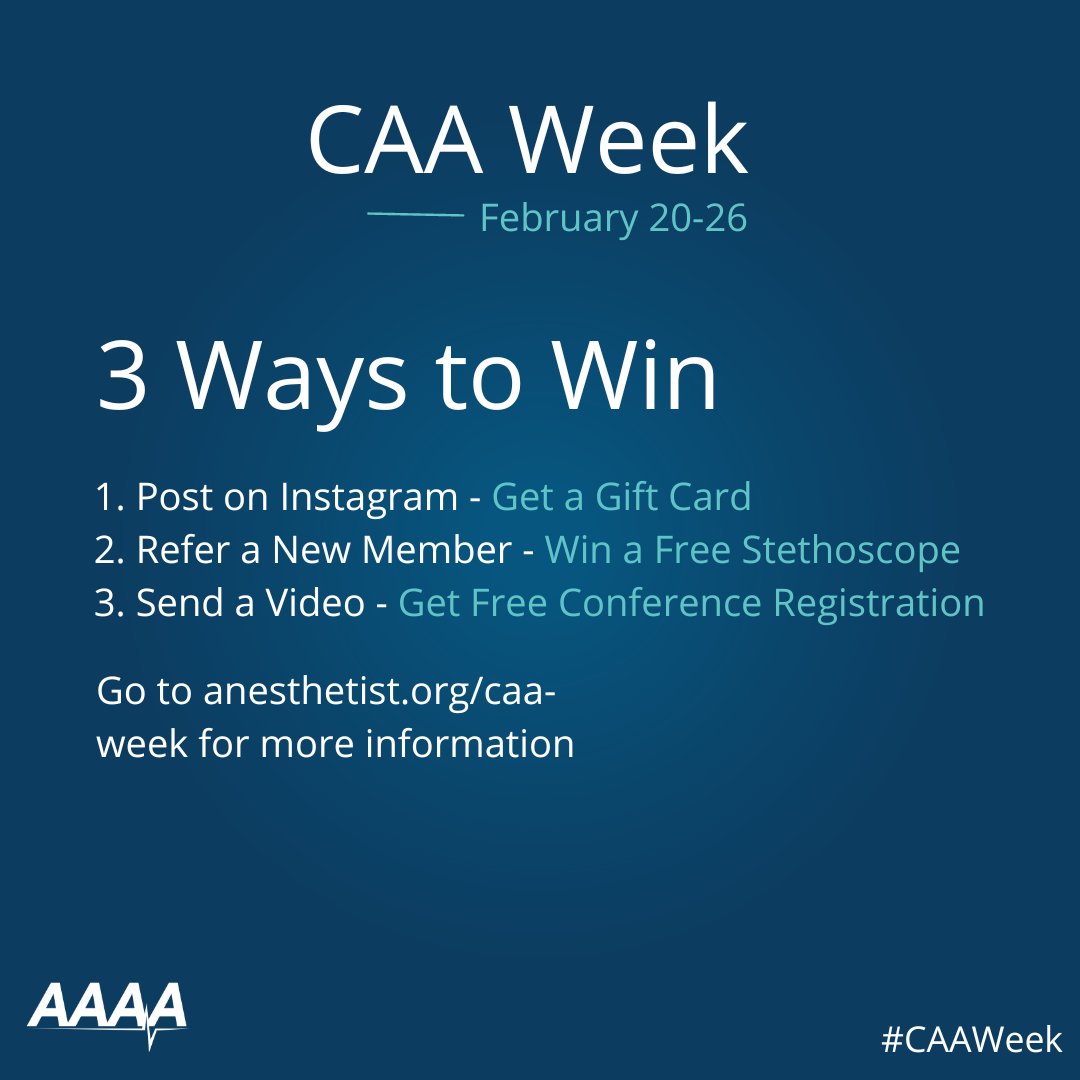 AnesAssistants's tweet photo. Who wants to win a prize for #CAAWeek? We’ve got three ways to win this week if you join in on the fun. Learn more at https://t.co/YyFl2OIfTw. https://t.co/ZGTgWK4zAj
