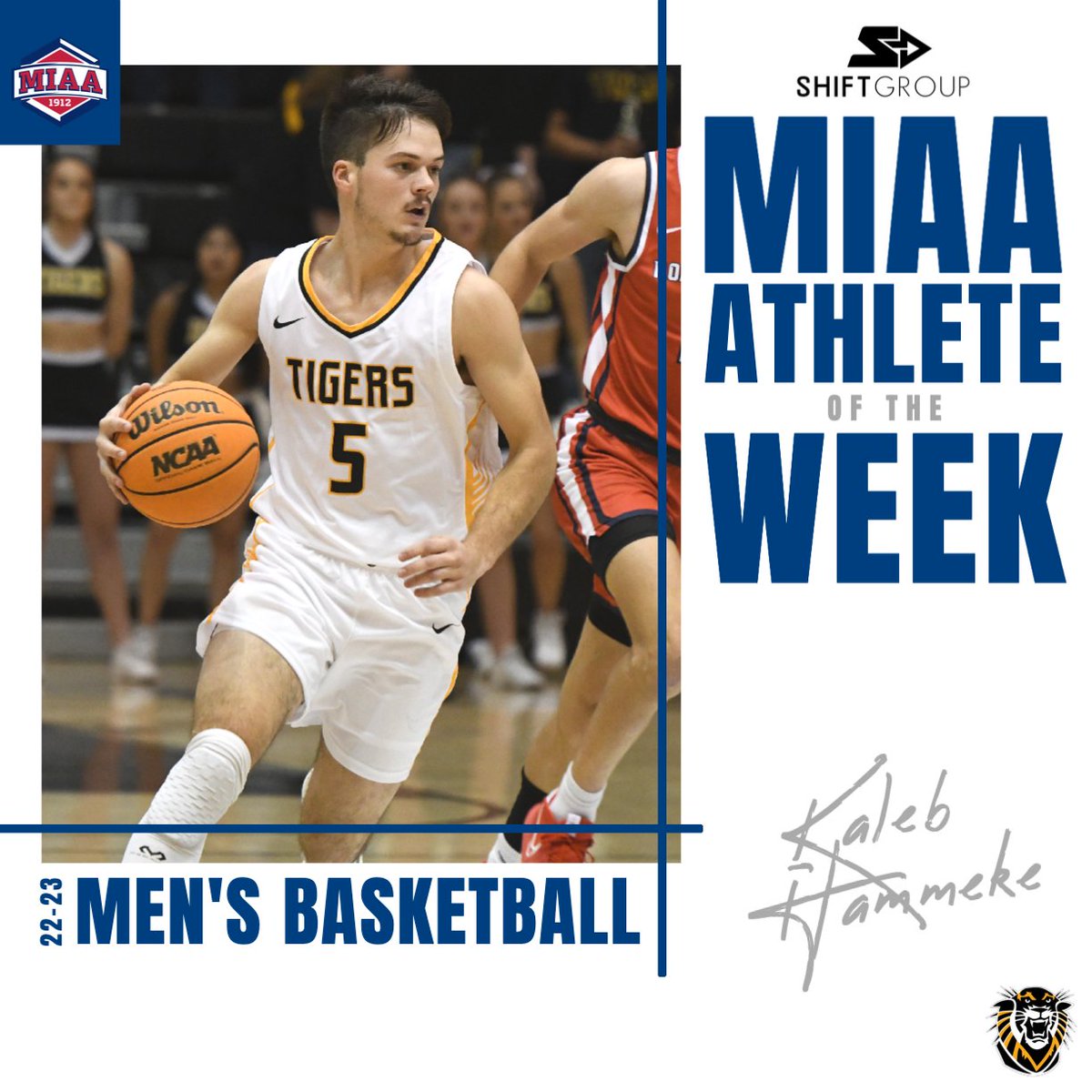 TheMIAA's tweet photo. 🆕 MIAA Men's Basketball Athlete of the Week, presented by @ShiftAthlete🏀⬇️

Kaleb Hammeke averaged 27.0 ppg while joining the @fhsutigerhoops' 1,000 points AND 300 assists club to be named this week's MIAA Athlete of the Week👏
 
🔗| https://t.co/wwVIDuWWeY
#BringYourAGame https://t.co/oEwGkx7JSy