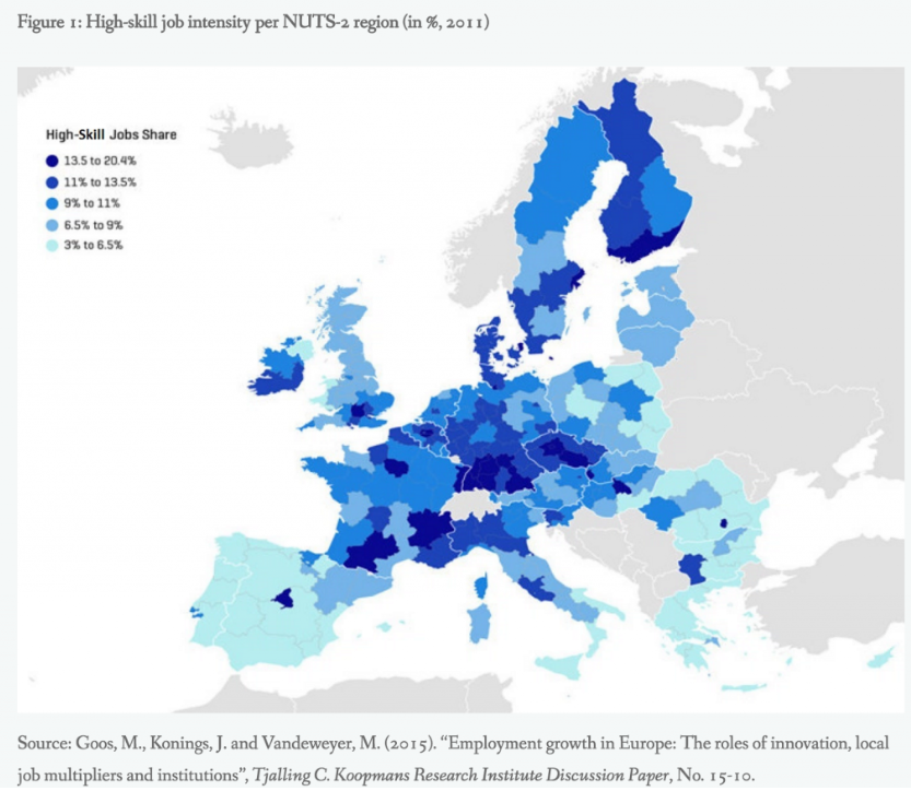 OscarEconomik's tweet photo. Porcentaje de trabajadores altamente cualificados por regiones de Europa.  Esta es la razón de fondo de los bajos salarios españoles y no los debates absurdos de la TV.

(la gráfica es algo antigua pero sirve igual) https://t.co/oIiyKhx6bT