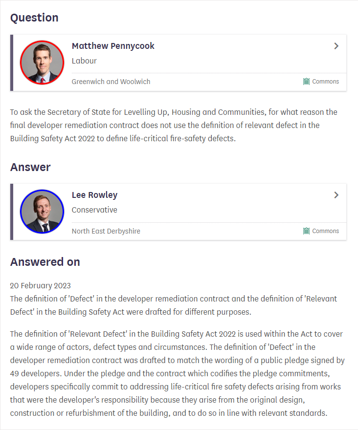 Confirmation from the building safety minister that signing the final developer remediation contract will not obligate developers to fix *all* life-critical fire-safety defects as defined by the Building Safety Act 2022. 

Deeply problematic.
