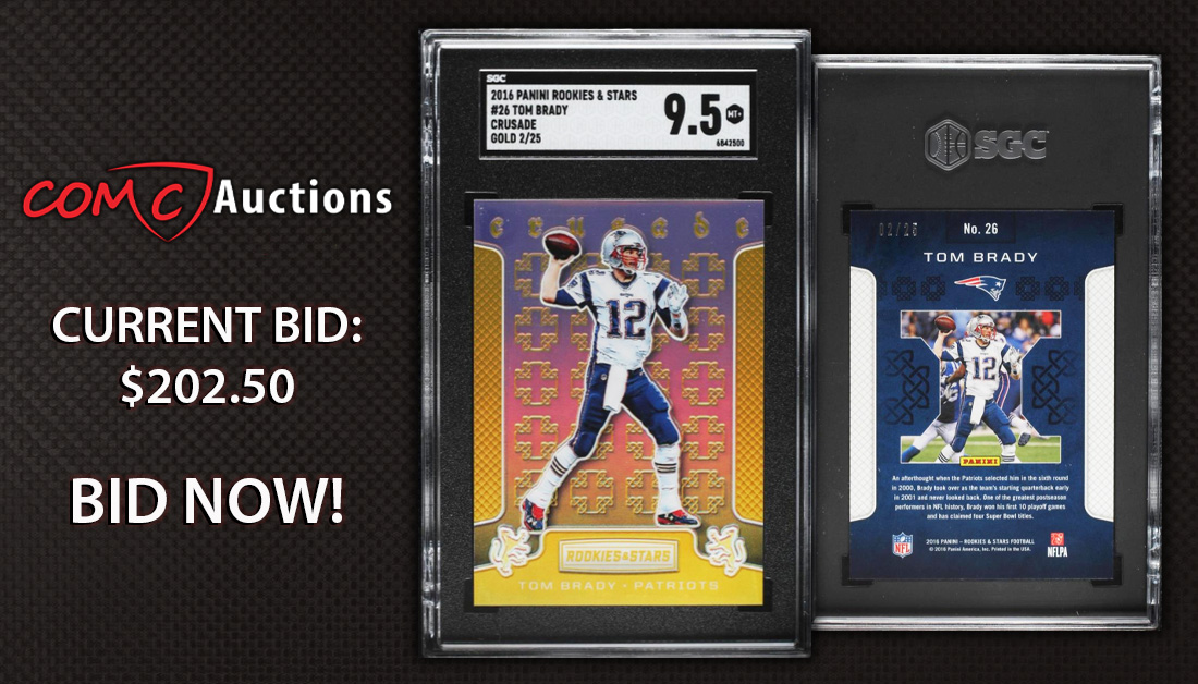 CheckOutMyCards's tweet photo. COMC Auctions has items for every type of collector! 🙌 Don't miss out on this 2016 Panini Rookies &amp; Stars Crusade Gold of Tom Brady, numbered 02/25 &amp; graded SGC 9.5 Mint+! 👀🏈🔥

This auction ends tonight; place your bids now! https://t.co/L4JmJlIIGE

#COMCAuctions #tombrady https://t.co/4pLEuAhKWg