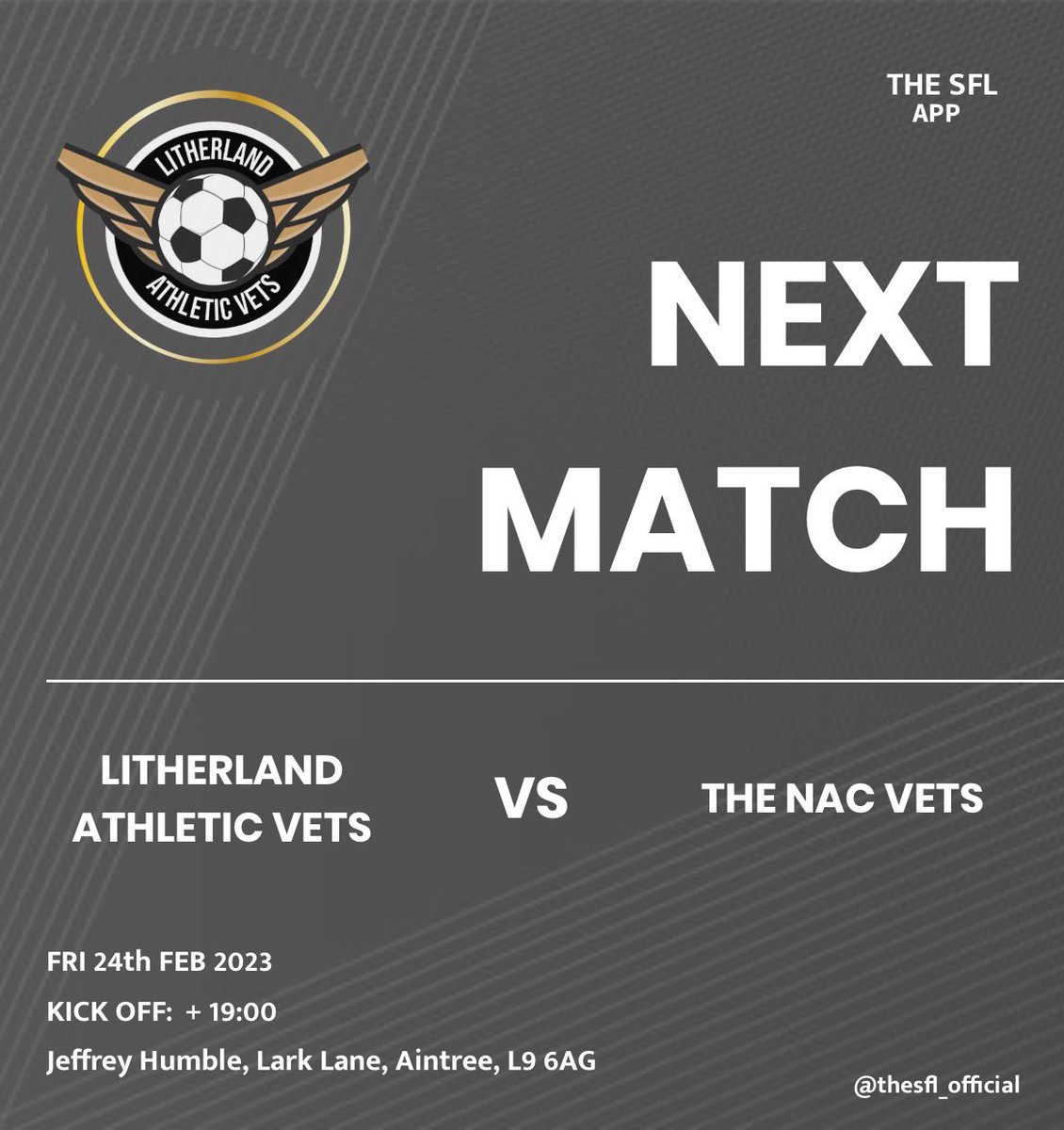LAFCVets's tweet photo. Next match…..

🗓️ Friday 24th February
🆚 @nac_vets 
📍Jeffrey Humble, Lark Lane.
⚽️ KO. 7.00pm

Lads looking forward to another game under the lights v another local team! 👏🏼

#vetsfootball #grassrootsfootball #liverpool https://t.co/OgZoqeVedX