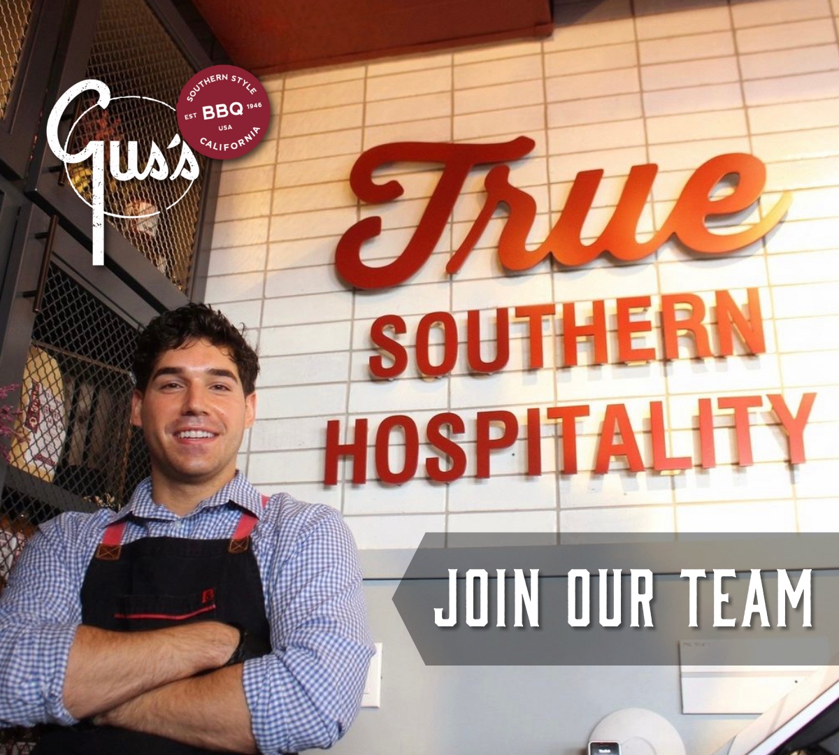 Gus's BBQ is hiring at all locations! 🐷♥️ We're looking for people that can embody Gus's motto of True Southern Hospitality— sound like you or someone you know? Apply at the link in our bio! 🍖