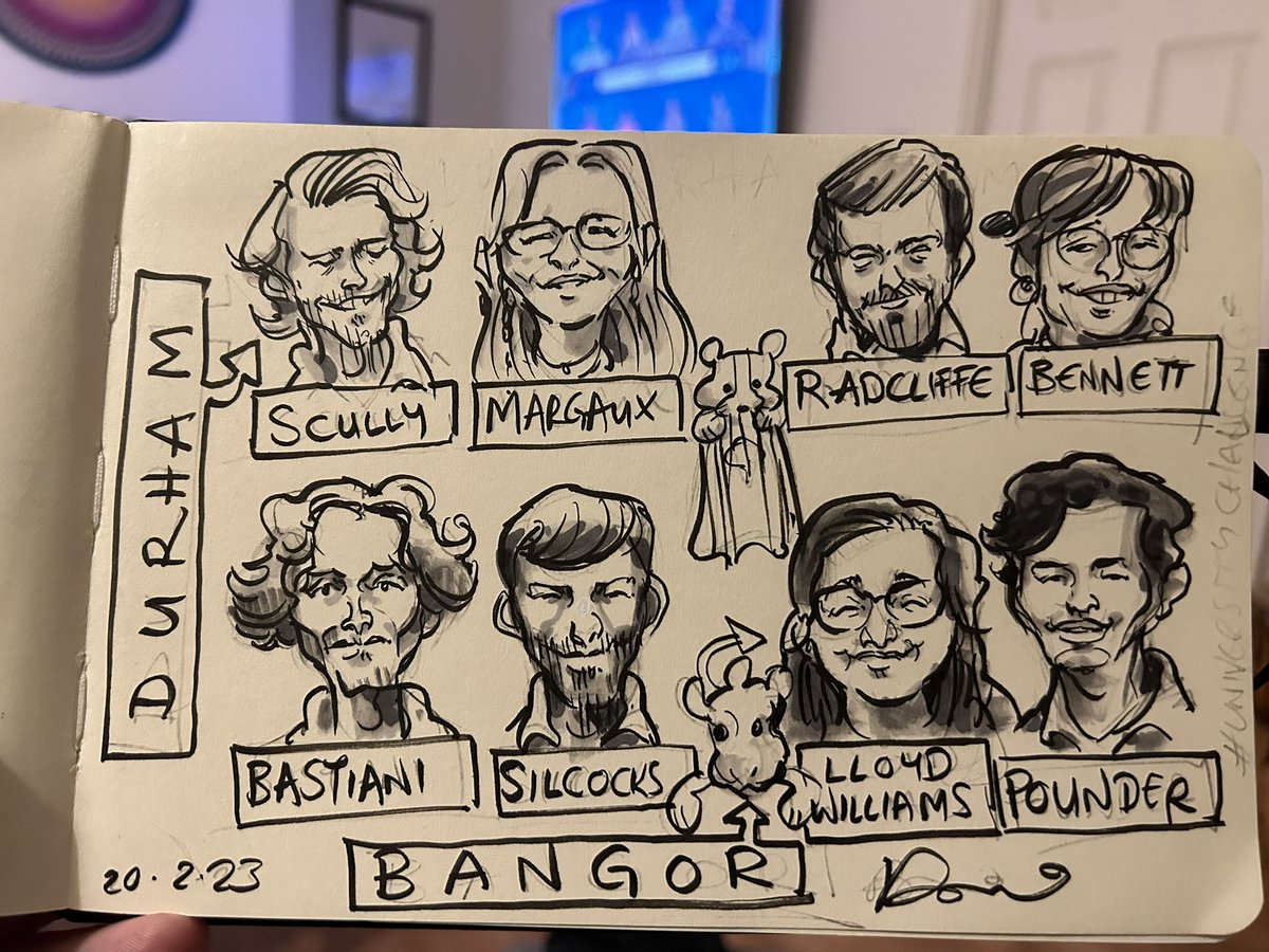 Wow! What a way to end @BBCTwo #quiznight. Decisive #universitychallenge win by @durham_uni over @BangorUni! #quiz #quizzers #livedrawing #Caricature