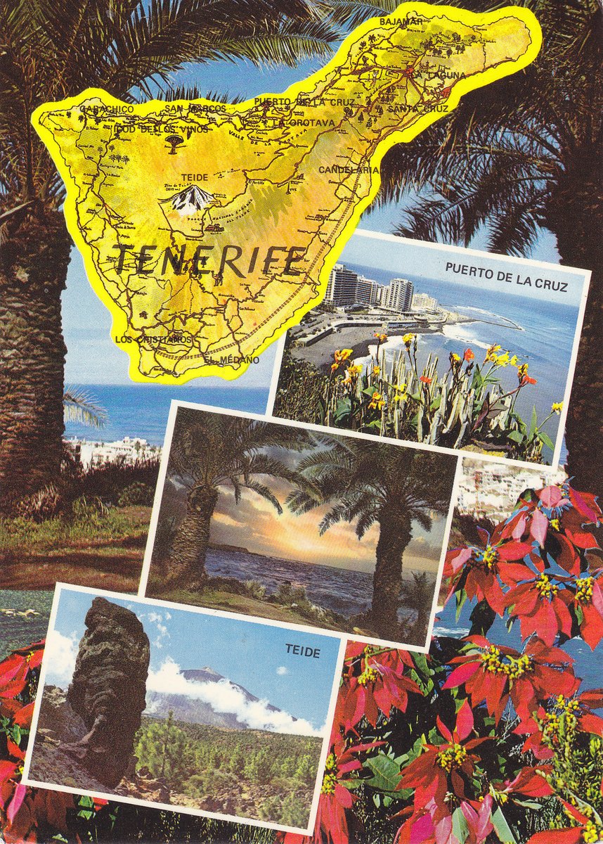 MarjeMolder's tweet photo. #philately #Spanish #Souvenir #postcard w/ 4 views + tourist map of #Tenerife #Spain largest of the Canary Islands PU #stamps 5 PTAS (1955) Mi: 1053  sent from PM #Tenerife Nov. 29, 1973 sent to #Victoria #BC #Canada #deltiology #timbres #estampillo #briefmarken https://t.co/77RkN4BrYx