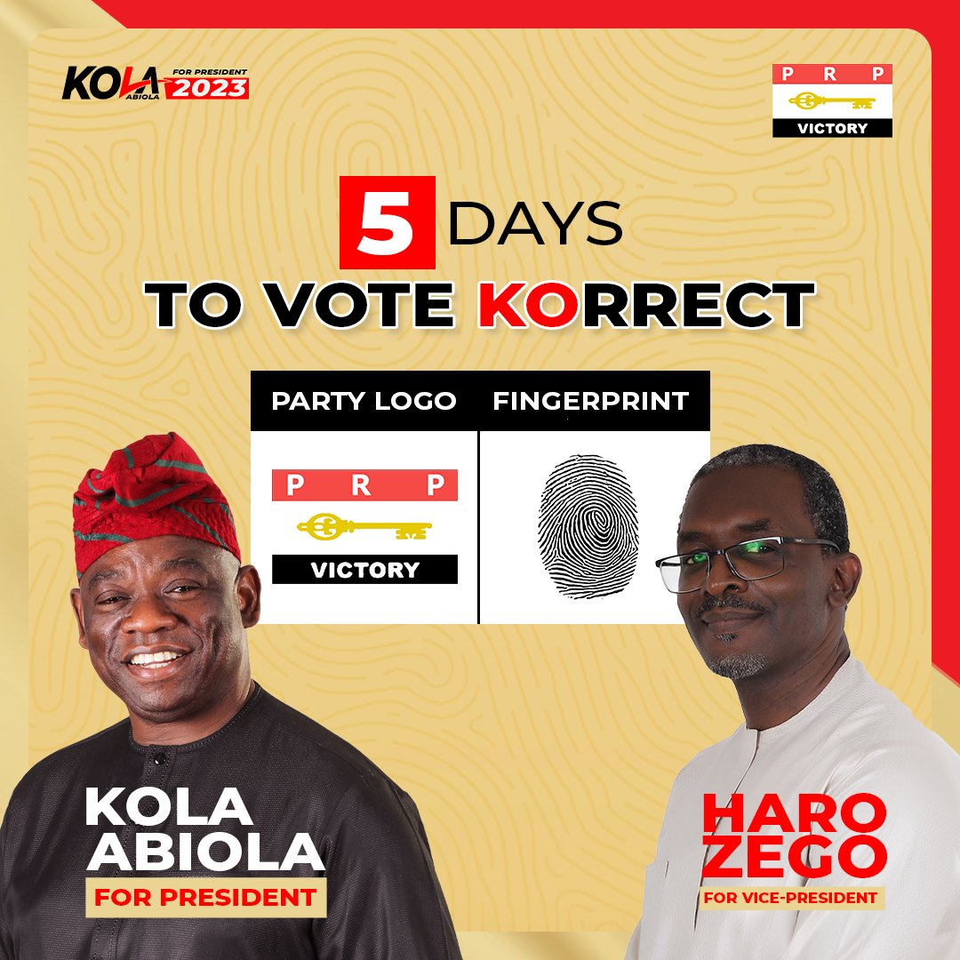 OfficialKolaA's tweet photo. As citizens of this nation, remember that your individual vote counts, and this is why we must vote wisely. Voting KOrrect is the key to righting the wrongs of our country.
.
.
#KolaAbiola2023 #forourpeople #KOrrect #PRP https://t.co/u1PPsEVKK3