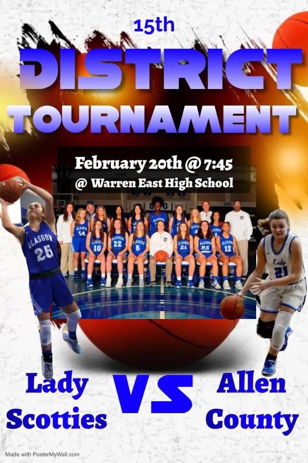 District Tournament Time! The Lady Scotties have the 2nd game tonight vs Allen County beginning around 7:45pm. The tournament is being held at Warren East High School. Come and support your Glasgow Lady Scotties tonight, Scottie Nation!