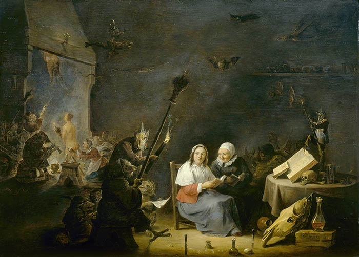 Witchcraft paintings. One of the more interesting 17thC depictions of witchcraft. No hag-like witches. Two respectable Dutch women learning witchcraft from books. David Teniers the Younger, "Witches’ Initiation." Oil on wood. 1647-1649. Akademie der bildenden Künste Wien.