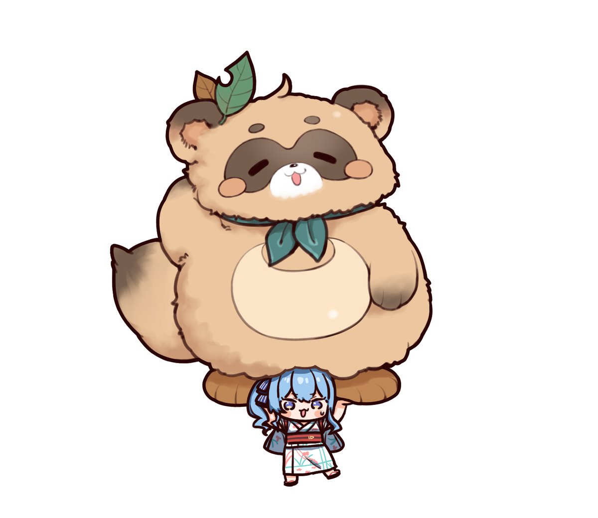 1girl blue hair chibi japanese clothes tanuki blue eyes leaf on head  illustration images