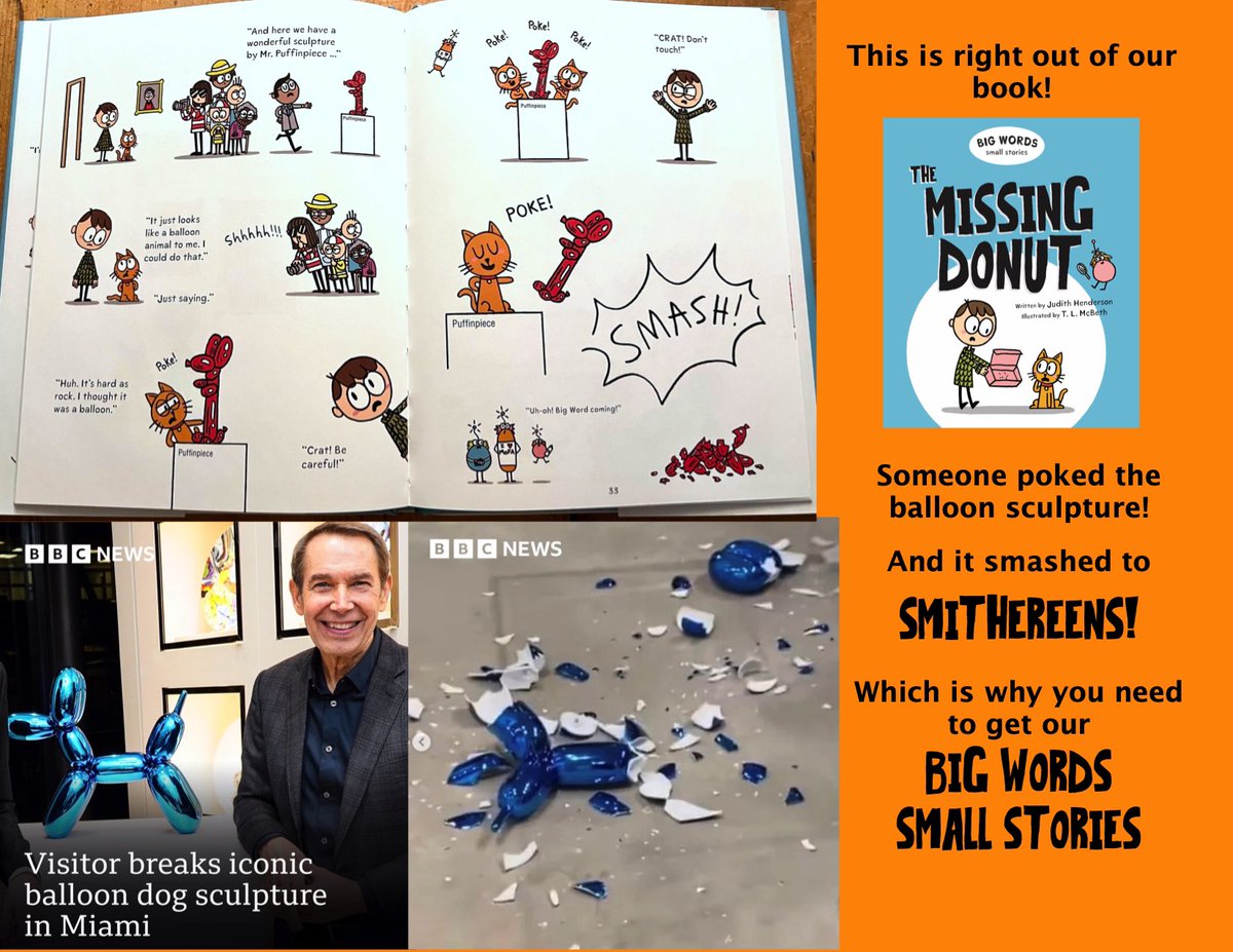 judithhenderson's tweet photo. Right out of our book from the #bigwordssmallstories series. Big word for today?  SMITHEREENS. Ask Crat, the cat. He poked it. @KidsCanPress @T_L_Mcbeth #donttouchit Buy the books. Now a TV series. Get the big words! https://t.co/Jbr4oImXNd
