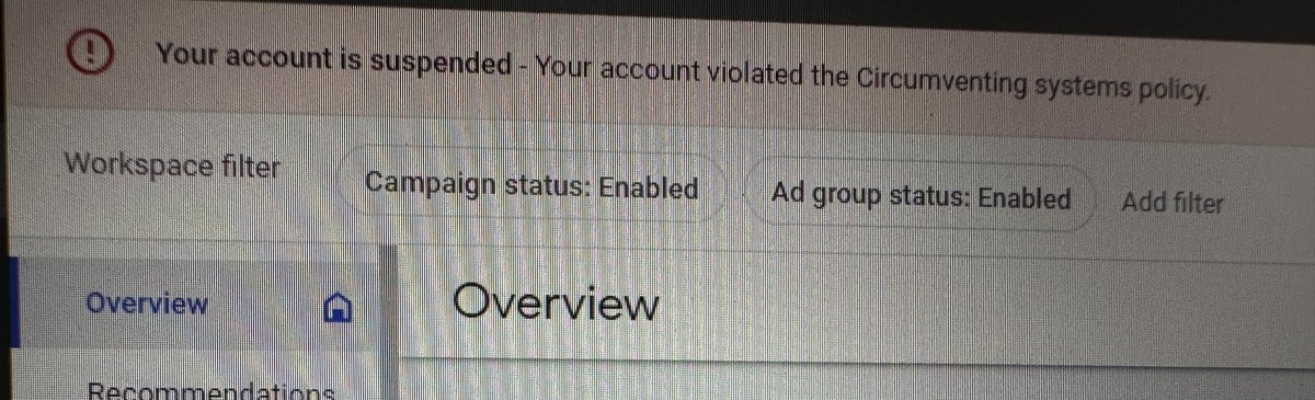 veedoomedia's tweet photo. @adsliaison the issues started again, so far one client account completely suspended “Your account violated the Circumventing systems policy” - could you please look into this 🙋🏻‍♂️ the whole account is suspended (not only the ads) @GoogleAds @GinnyMarvin https://t.co/SF29WOzEEu