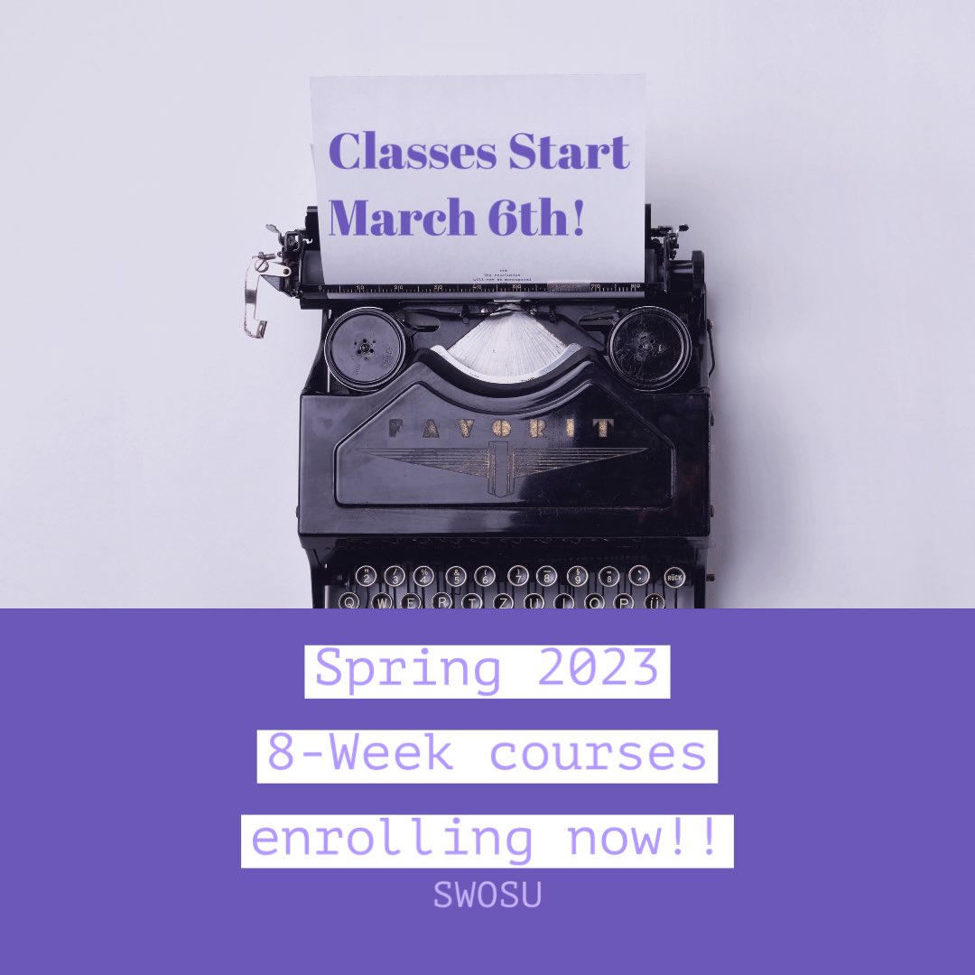 SWOSU_Lang_Lit's tweet image. Need another class this Spring? Enrollment is OPEN for 8-week classes that will begin on March 6! 

There are plenty of online and in-person classes available, including Humanities, English Composition, History, Sociology, Psychology, and more!! Enroll now before classes fill up!