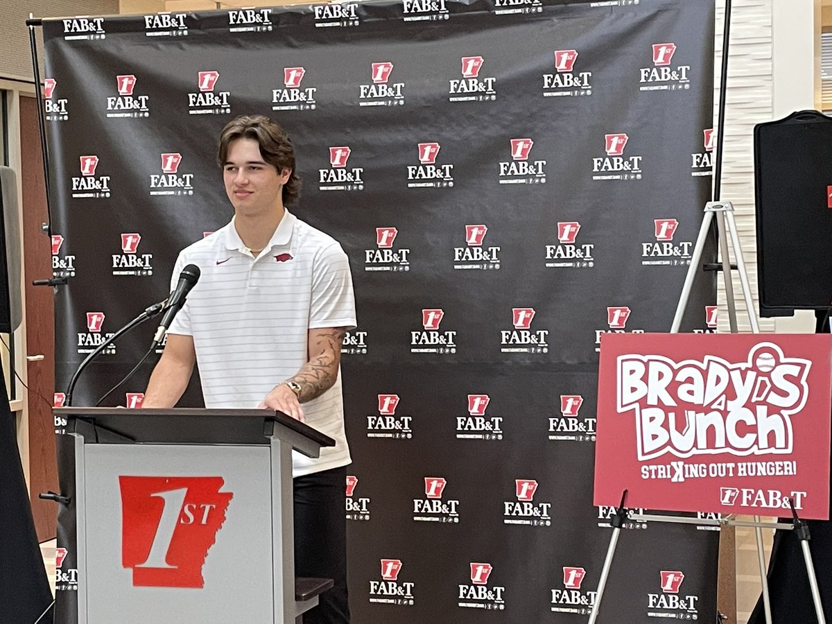 Arkansas pitcher <a href="/BradyTygart/">Brady tygart</a> is in Jacksonville today, announcing a NIL deal with <a href="/fabandt/">FAB&T</a> to create Brady’s Bunch, to help address food insecurity in Arkansas