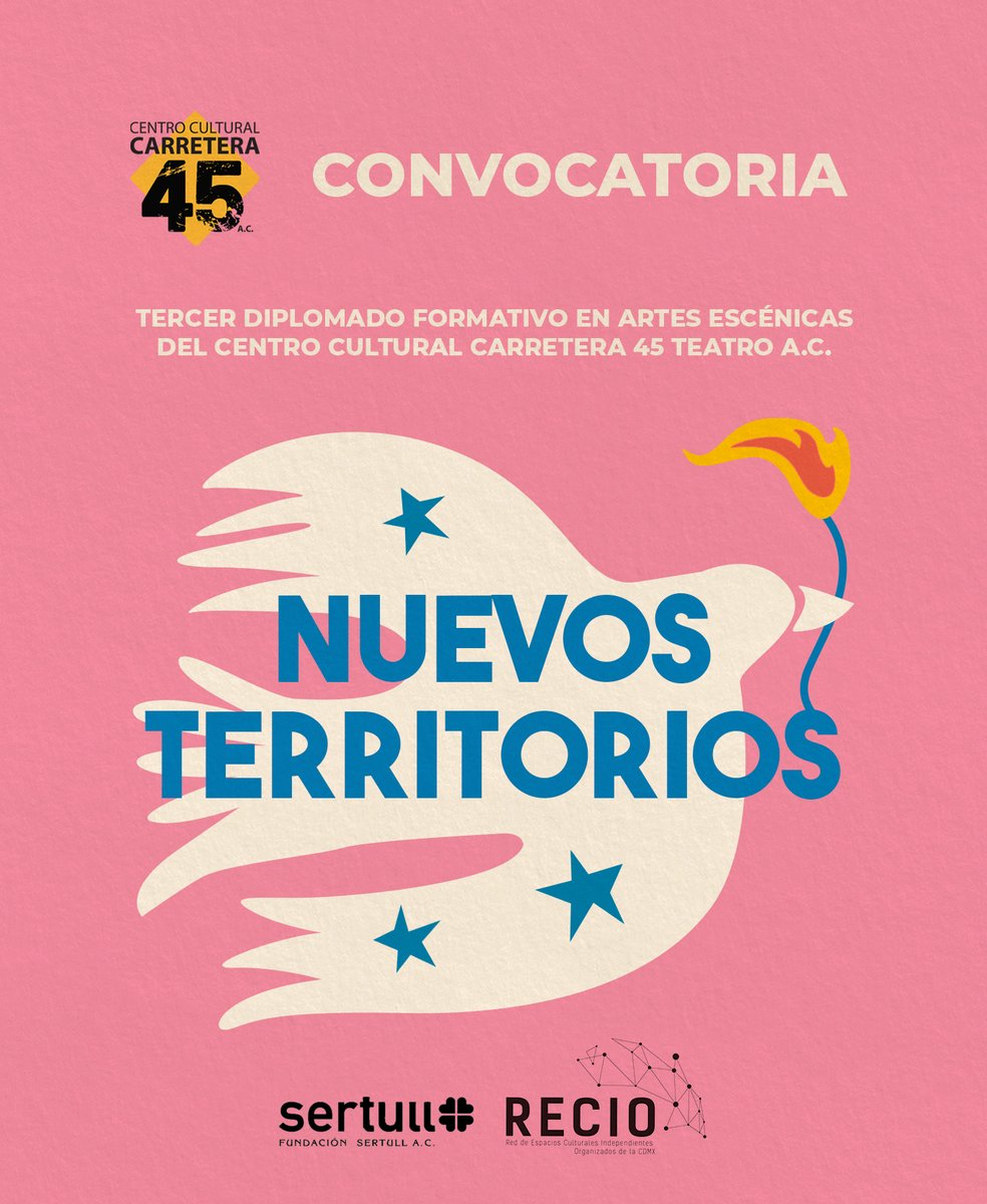Con mucho orgullo presentamos el Tercer Diplomado de Artes Escénicas 2023: “Nuevos Territorios” 🕊️
¡Participa y aprende a expresar al máximo tus ideas y habilidades! 

Descarga la convocatoria aquí: drive.google.com/file/d/16E1I31…

#NuevosTerritorios |
#carretera45 | #SERTULL | #RECIO