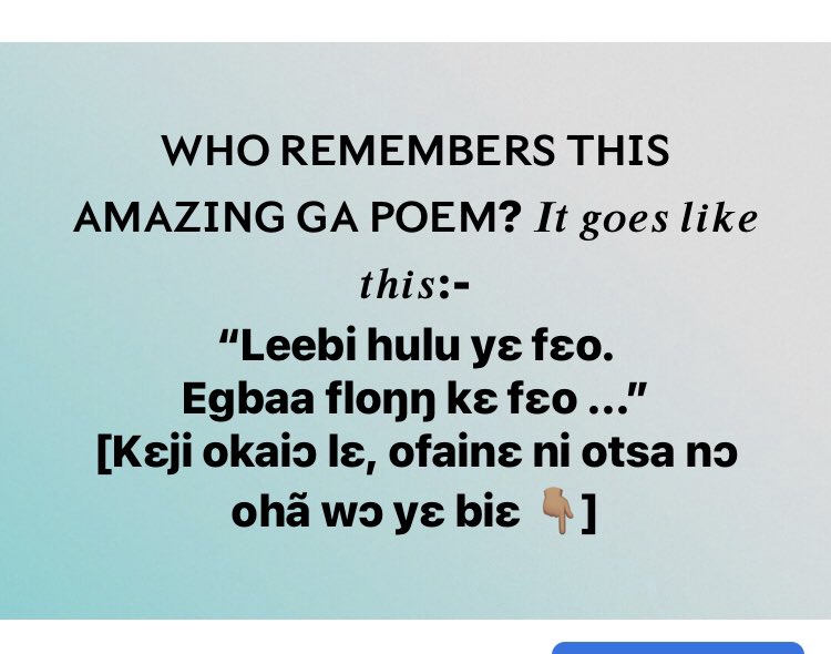 iSpeakGa's tweet photo. 𝗪𝗛𝗢 𝗥𝗘𝗠𝗘𝗠𝗕𝗘𝗥𝗦 𝗧𝗛𝗜𝗦 𝗔𝗠𝗔𝗭𝗜𝗡𝗚 𝗚𝗔 𝗣𝗢𝗘𝗠? 𝑰𝒕 𝒈𝒐𝒆𝒔 𝒍𝒊𝒌𝒆 𝒕𝒉𝒊𝒔:-
“Leebi hulu yɛ fɛo. 
Egbaa floŋŋ kɛ fɛo ...”
[Kɛji okaiɔ lɛ, ofainɛ ni otsa nɔ ohã wɔ yɛ biɛ 👇🏽]
#ispeakga #galanguage #learnga #ghanaianlanguage #Ghana #Accra https://t.co/8DEG7ItDaG