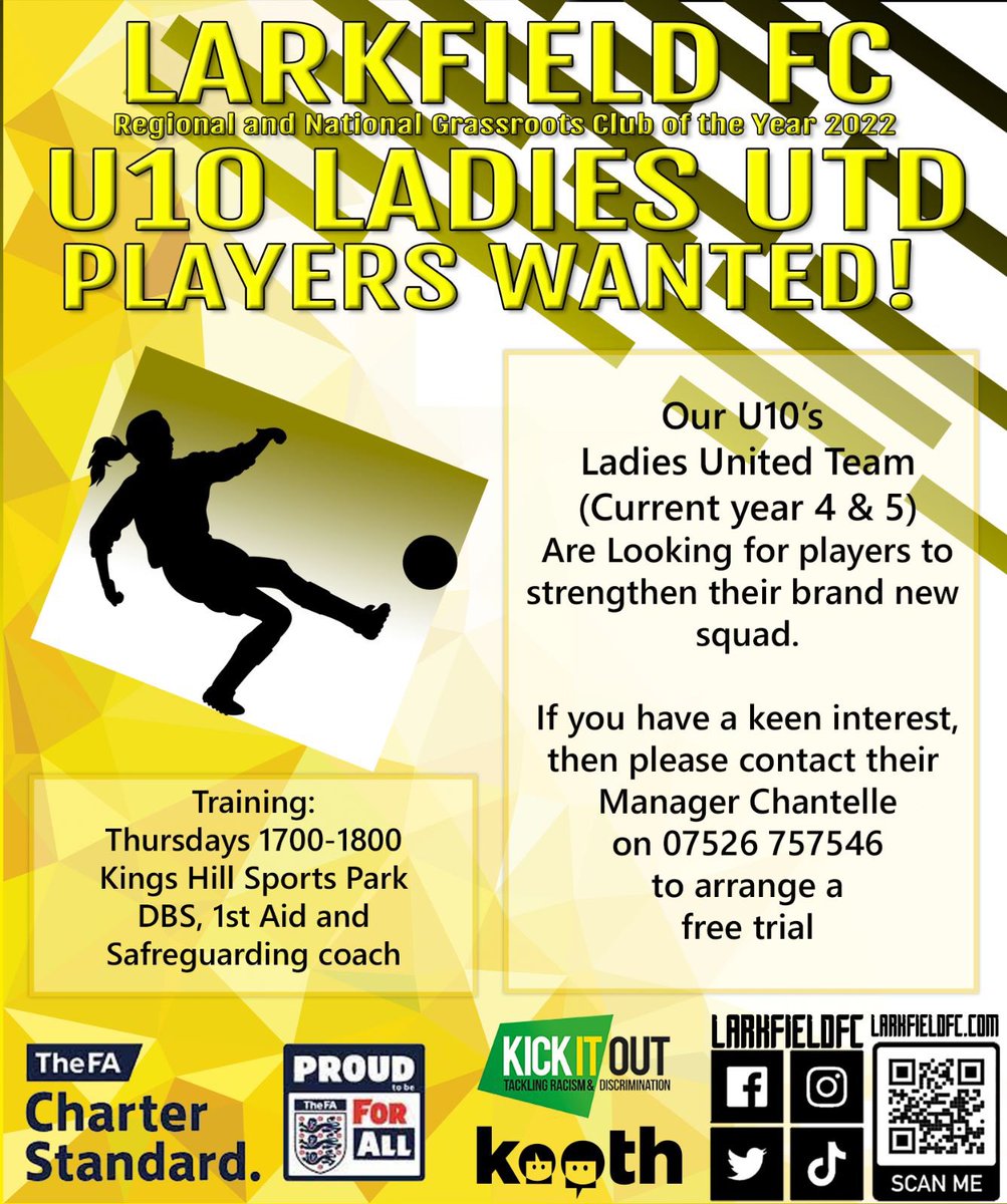𝑷𝑳𝑨𝒀𝑬𝑹𝑺 𝑾𝑨𝑵𝑻𝑬𝑫! Our brand new Under 10 Ladies Utd team are looking for a couple more players to join them in anticipation of joining the league. Interested? then contact details are on the poster 🟡⚫️ #nationalgrassrootscluboftheyear #kentgrassrootscluboftheyear
