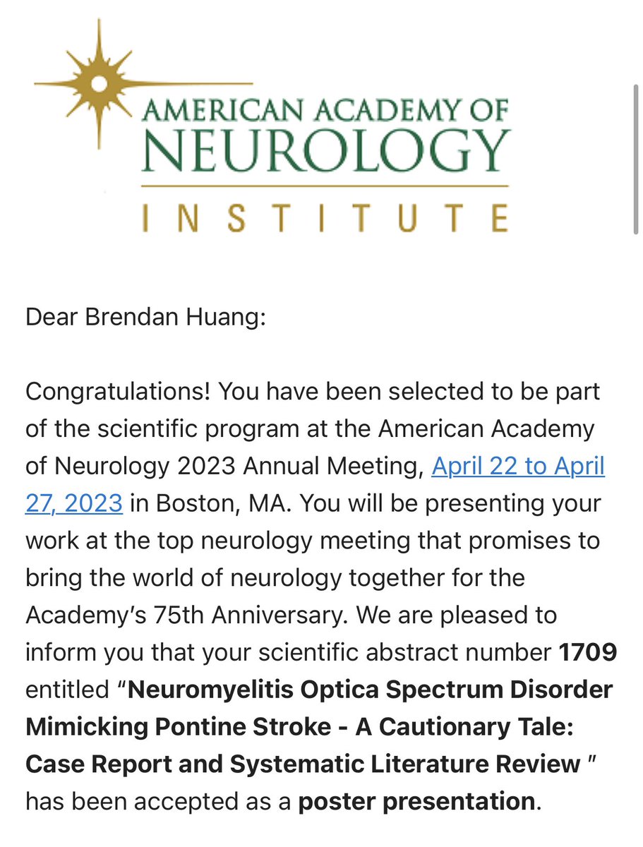 Brendan_HuangMD's tweet photo. Booked my tickets to Boston for the 2023 AAN annual meeting. Excited to present on behalf of our @NWHNeurology department my research on neuromyelitis optica spectrum disorders and stroke mimics! @AANmember @NorthwellHealth https://t.co/VBmhAeok1s