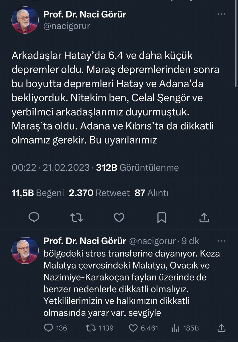 📌Prof. Dr. Naci Görür yine uyarıda bulundu: “Adana ve Kıbrıs’ta dikkatli olmamız gerekir. Malatya, Ovacık ve Nazimiye-Karakoçan faylarına da dikkat etmemiz gerekir.”