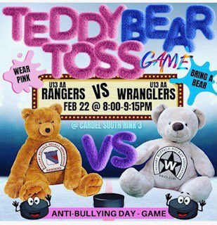 Teddy Bear Toss Game anti-bullying day Wranglers vs Rangers … who has too many stuffed animals after Valentine’s Day?? Bring them out to the game on Wednesday 22nd #teddybeartoss #antibullyingday #game #goodcause #u13aawrangler @U13WranglersAA @BuffsHockey