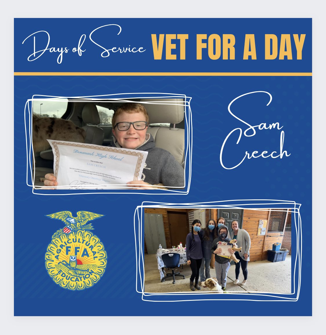 DHSVetScience's tweet photo. DHS FFA is also highlighting our "Vet for a Day" event for National Days of Service! A select few of our members gave a young man named Sam, going through the diffucult process of chemo, a tour of the DHS barn! #NationalDaysofService #FFAWeek2023 #LivingtoServe #CommunityService https://t.co/jA6DYsqdqj