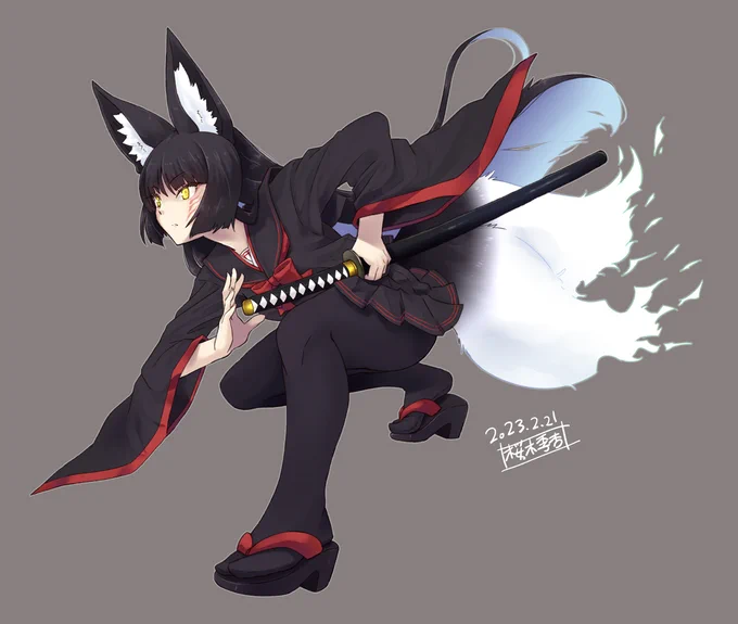 猛烈に帯刀JK黒髪黒セーラー黒タイツ狐娘を描きたくなったので描いた 