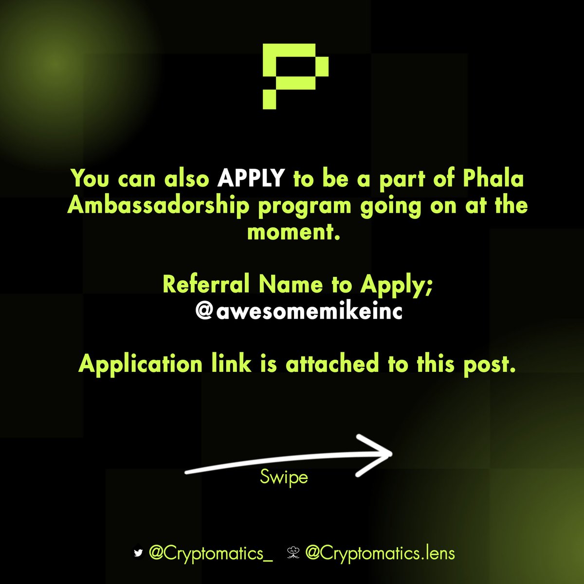 cryptomatics_'s tweet image. 15/15🧵
@PhalaNetwork Ambassadorship Program Application 

Use the referral name below for your application form registration/Onboarding process.
👇👇

Referral Name: @awesomemikeinc

Apply Here:
➡️ github.com/Phala-Network/…

#CrackTheCodes #PhatContracts