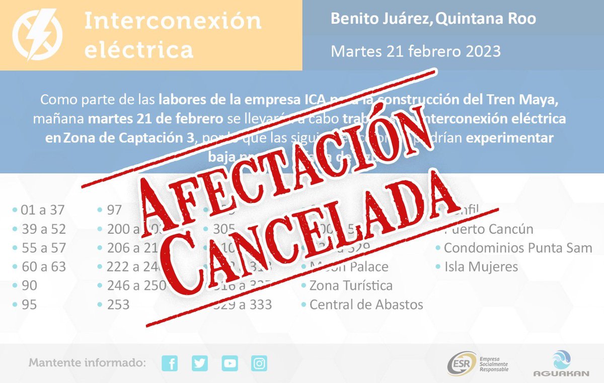 DHCAGUAKAN's tweet image. Debido a un retraso en los trabajos preliminares por parte de la empresa ICA, la afectación programada para el día de mañana martes 21 de febrero será suspendida, por lo que Aguakan continuará sus operaciones, brindando el servicio de manera normal.