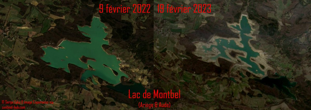 31ème jour sans pluie en 🇫🇷 : un record tous mois confondus. 
En Ariège, le lac de Montbel enregistre un déficit abyssal de... -80% ! Pourtant, l'irrigation de 36 000 ha de cultures dépendent de ce réservoir...
Les images satellites sont juste spectaculaires 👇😐
#secheresse2023