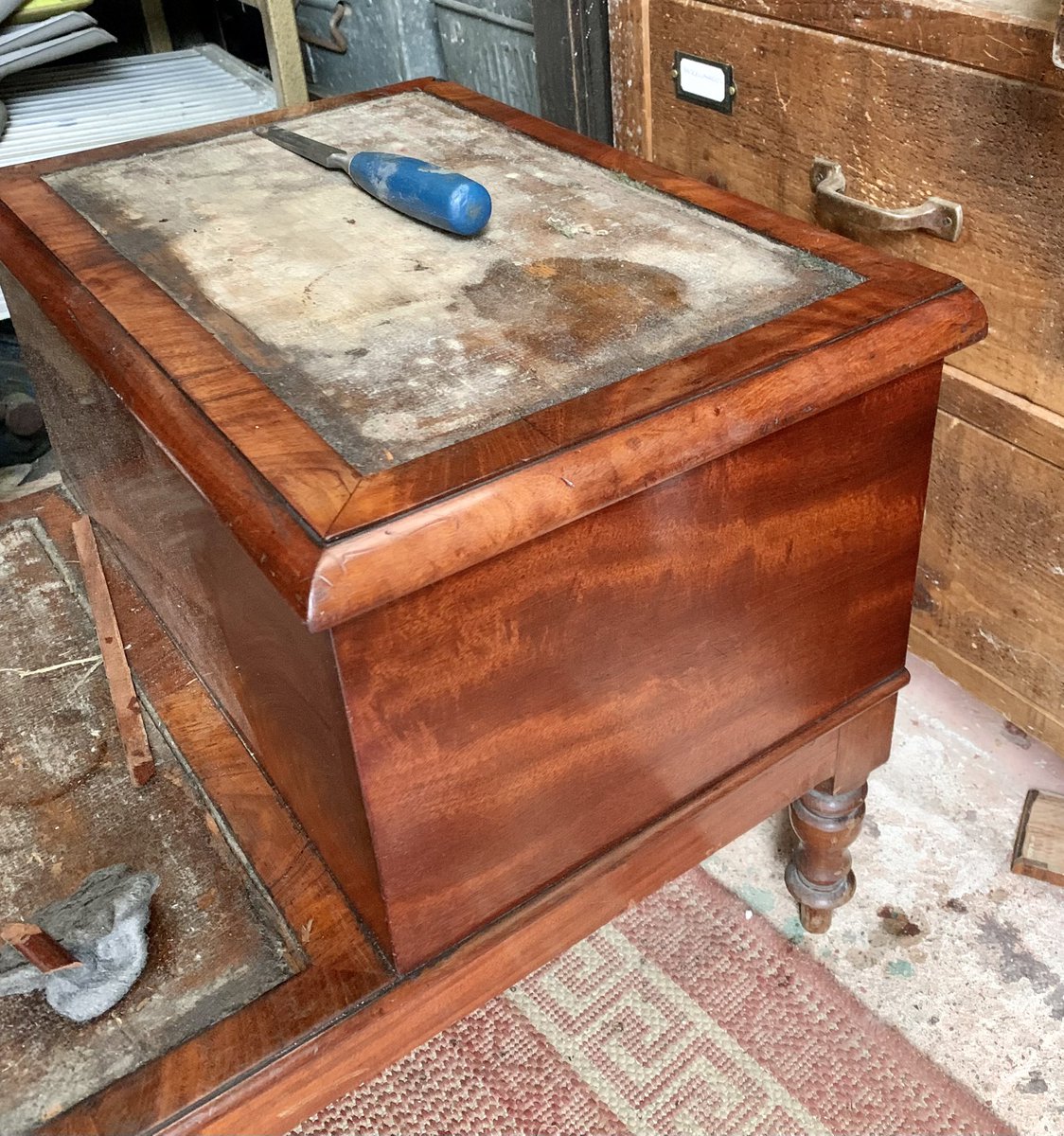 2016industrial's tweet image. &amp;amp; so it begins. Such beautiful timber hidden under the grime. The carpet has gone &amp;amp; will get leather replacements. #antique #librarysteps #restoration #repair #workshop