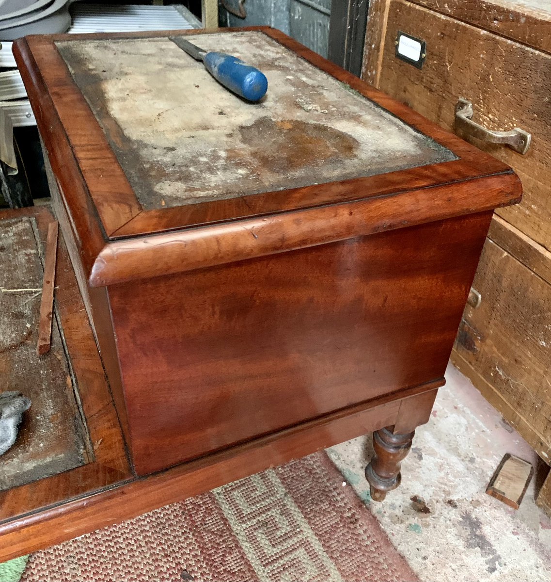 2016industrial's tweet image. &amp;amp; so it begins. Such beautiful timber hidden under the grime. The carpet has gone &amp;amp; will get leather replacements. #antique #librarysteps #restoration #repair #workshop