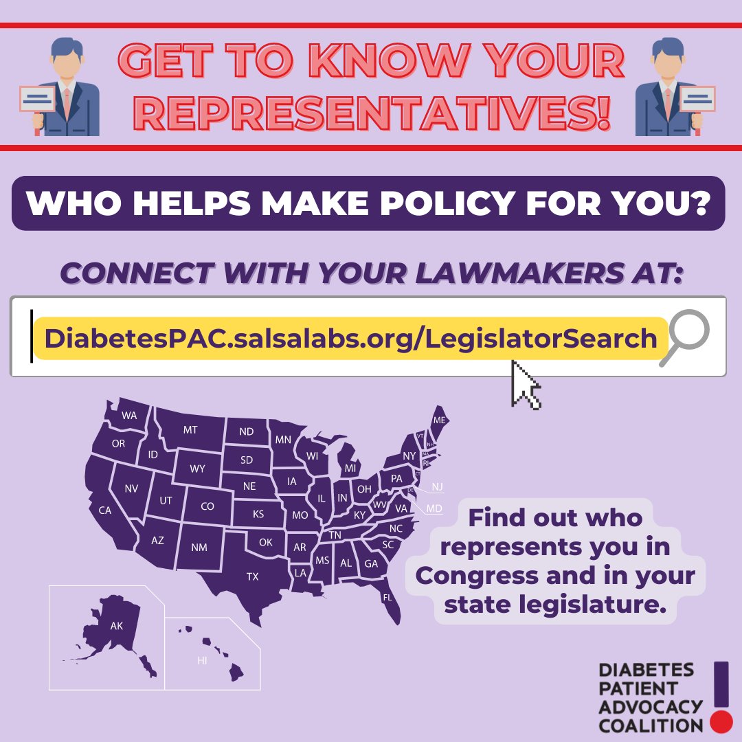 DiabetesPAC's tweet photo. #Advocacy101 Get to know your lawmakers! The first step is to find your state and federal representatives, which you can do at the following link: https://t.co/s3XcyGf9xC https://t.co/q4CIwbBCQ4
