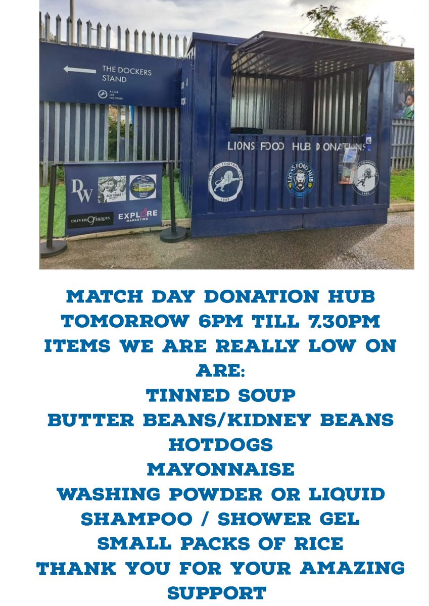 Tomorrow match day donations if you can bring anything we really would appreciate it 😊 💙🦁