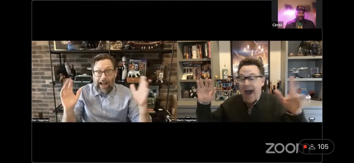 1TrekFan's tweet photo. I loved the video appearance of Kevin and Dan Hageman to accept a well deserved award for #StarTrekProdigy during @VirtualTrekCon #VTC4 on Sunday. Their backgrounds blended so well I thought they were in the same room - until they tried to high five 😂. They eventually got it. https://t.co/UoQN9KhTmO