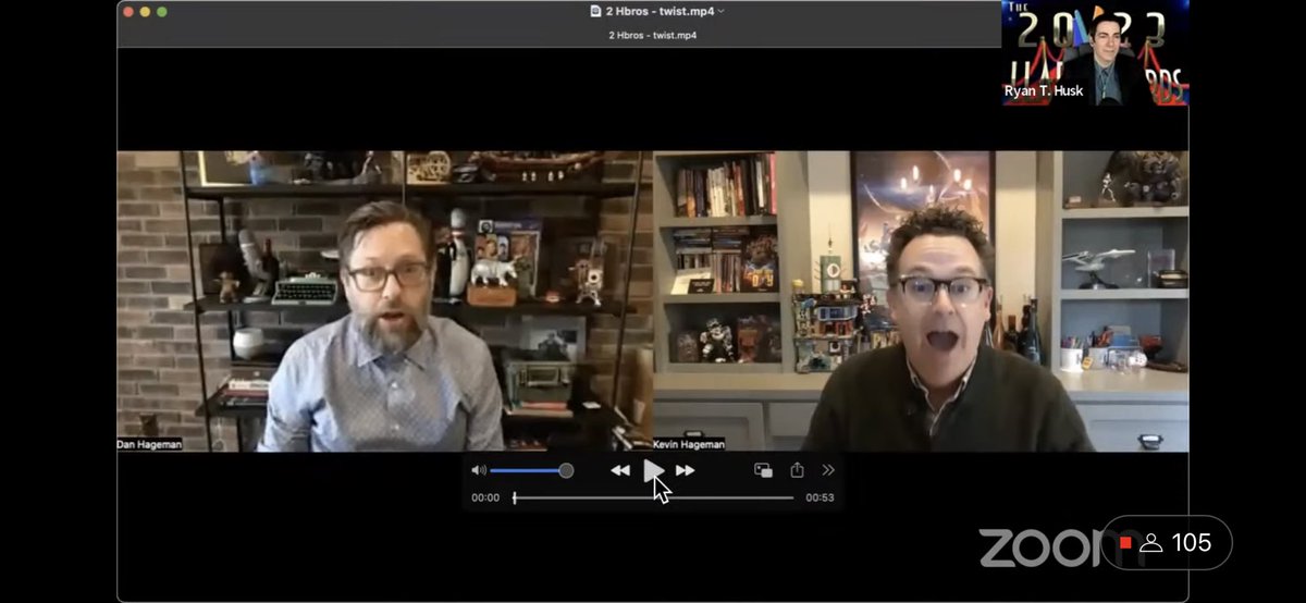 1TrekFan's tweet photo. I loved the video appearance of Kevin and Dan Hageman to accept a well deserved award for #StarTrekProdigy during @VirtualTrekCon #VTC4 on Sunday. Their backgrounds blended so well I thought they were in the same room - until they tried to high five 😂. They eventually got it. https://t.co/UoQN9KhTmO
