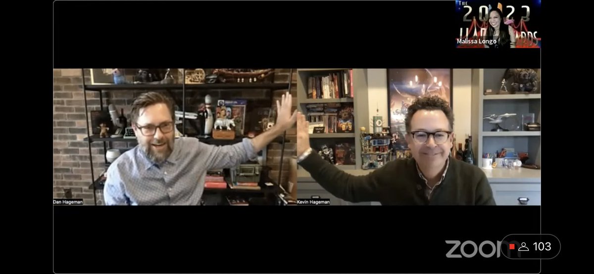 1TrekFan's tweet photo. I loved the video appearance of Kevin and Dan Hageman to accept a well deserved award for #StarTrekProdigy during @VirtualTrekCon #VTC4 on Sunday. Their backgrounds blended so well I thought they were in the same room - until they tried to high five 😂. They eventually got it. https://t.co/UoQN9KhTmO