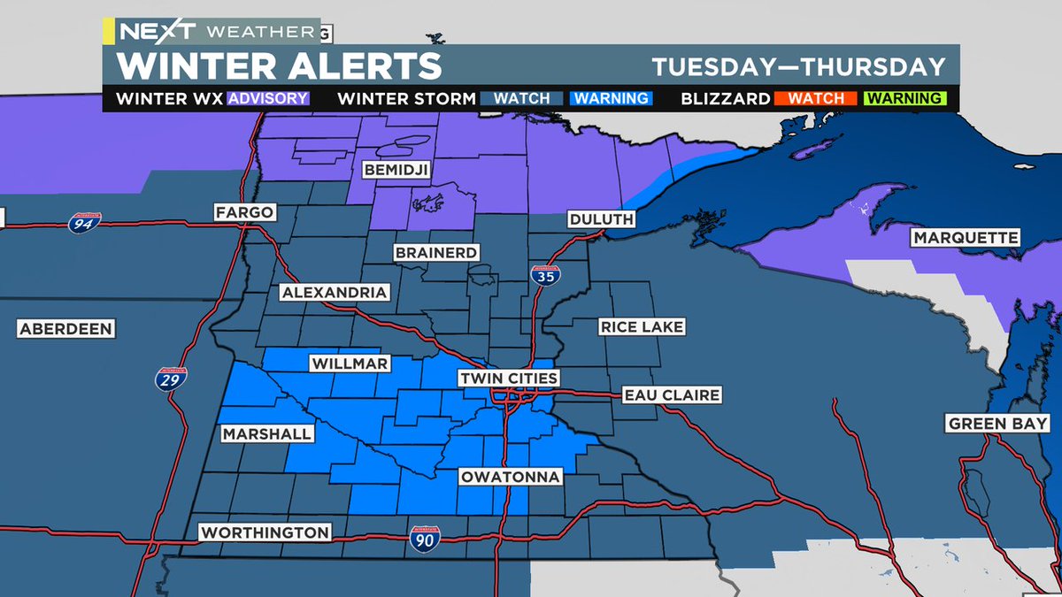 WCCOShaffer's tweet photo. We will be delivering several NEXT weather updates over the next few days. There will be a big wind starting tomorrow afternoon that may trigger Blizzard Warnings.  And there will be A LOT of snow. It comes in two waves...we will break it down for you. https://t.co/UwXx62biPV
