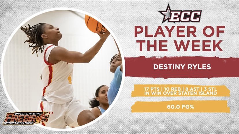 UDC_WBB's tweet photo. Congrats to Destiny Ryles for earning ECC Player of the Week and congrats to Latavia Jackson for earning ECC weekly honor roll!!

Go Firebirds!! 🔥🦅🏀

#CatchFire #NewEra #UDCWBB   #FirebirdIsRising #ThatFirebirdLife https://t.co/PybuUrorva