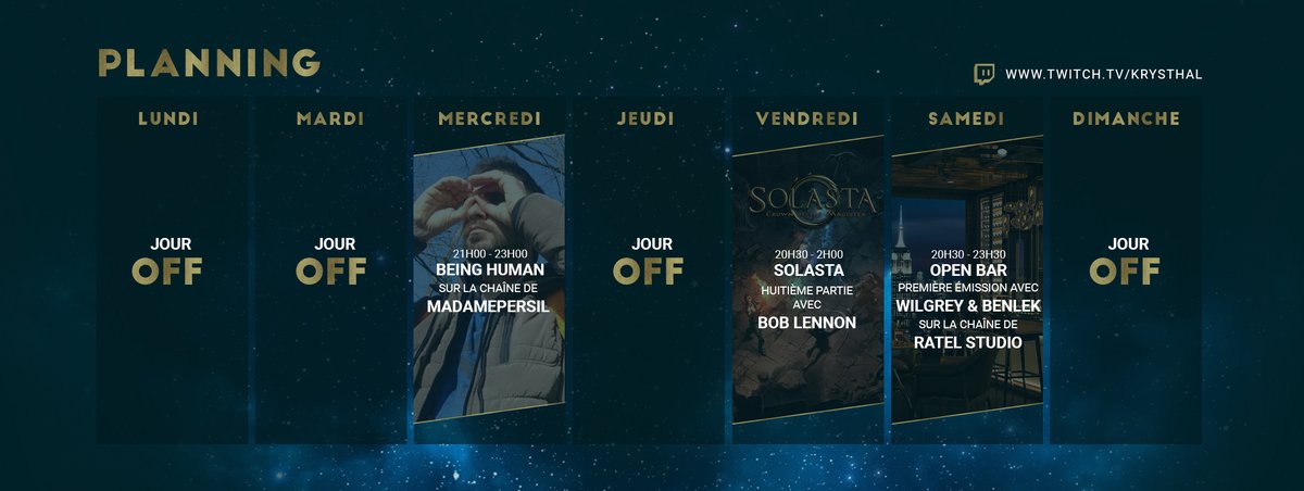 Krysthal_Live's tweet image. Petit planning #Twitch du chaos ! 😈

Mercredi soir, je serai chez @MadamePersilOff, vendredi, c'est le retour du duo improbable sur @tct_adventures avec mon cher @RoiLennon et samedi, nouvelle émission avec @TheWilgrey et @Benlek_J sur la chaîne de @RatelStudio ! 💖