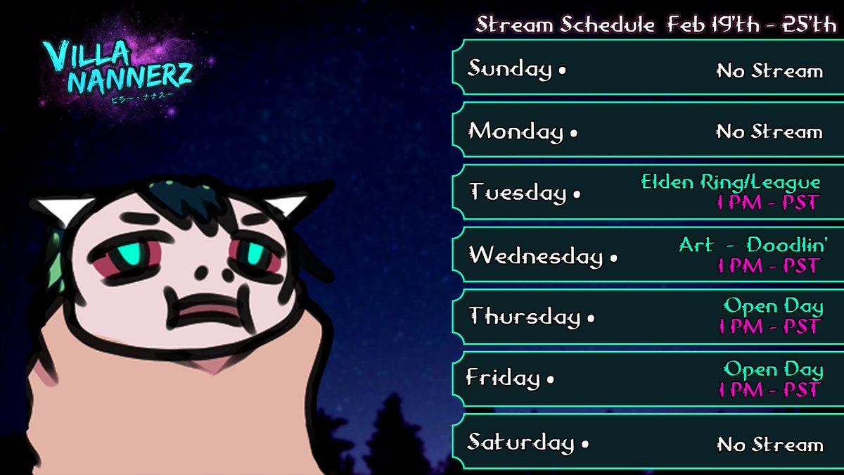 villanannerz's tweet photo. New week who dis! Unfortunately last week working at the Grove ™️ absolutely drained me so we didn't have any spontaneous streams, but we got an extra stream day this week instead!
 More Elden, doodles, and two open days!✨https://t.co/Q5HLiH4Grv https://t.co/X26zFyu6C8