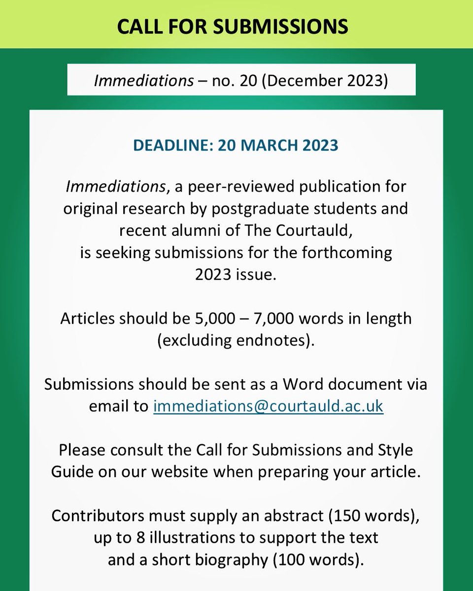 immediations's tweet photo. 📣 CALL FOR SUBMISSIONS! We are seeking articles for the forthcoming issue of Immediations.
Deadline: 20 March

Issue 20 will be loosely based on the theme of ‘disruption.’ See link for guidelines👆🏼

#immediations2023 @TheCourtauld @courtauldres @courtauldsu @forarthistory #CFP https://t.co/YBGLZQCAnM