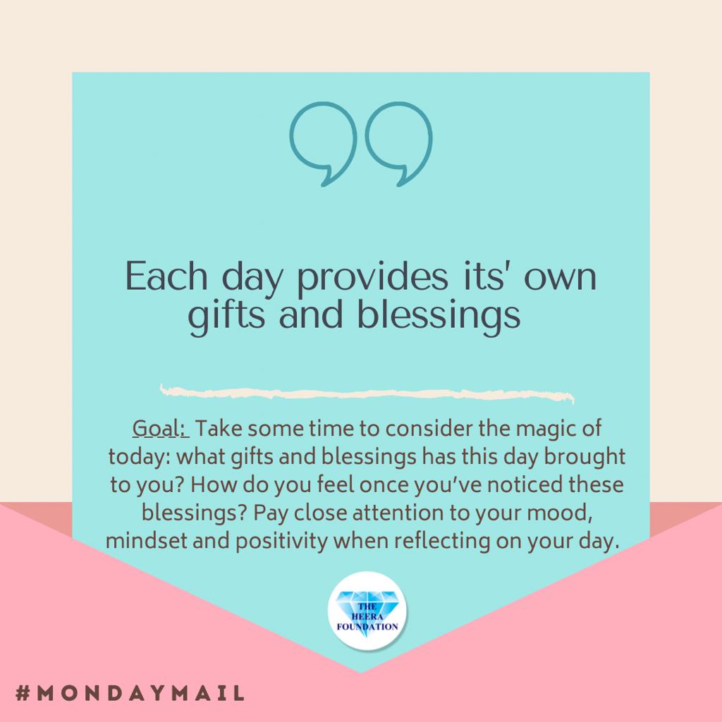 heerafoundatio's tweet photo. #MondayMail 💌 What gifts or blessings has today brought you? It can be something positive that makes us feel good and happy when we least expect it, which is why reflecting on our day is important  ☀️🧿💎🤍 #mondaymail #todaysblessings #eachdayisagift https://t.co/Z7B0EsCFPP