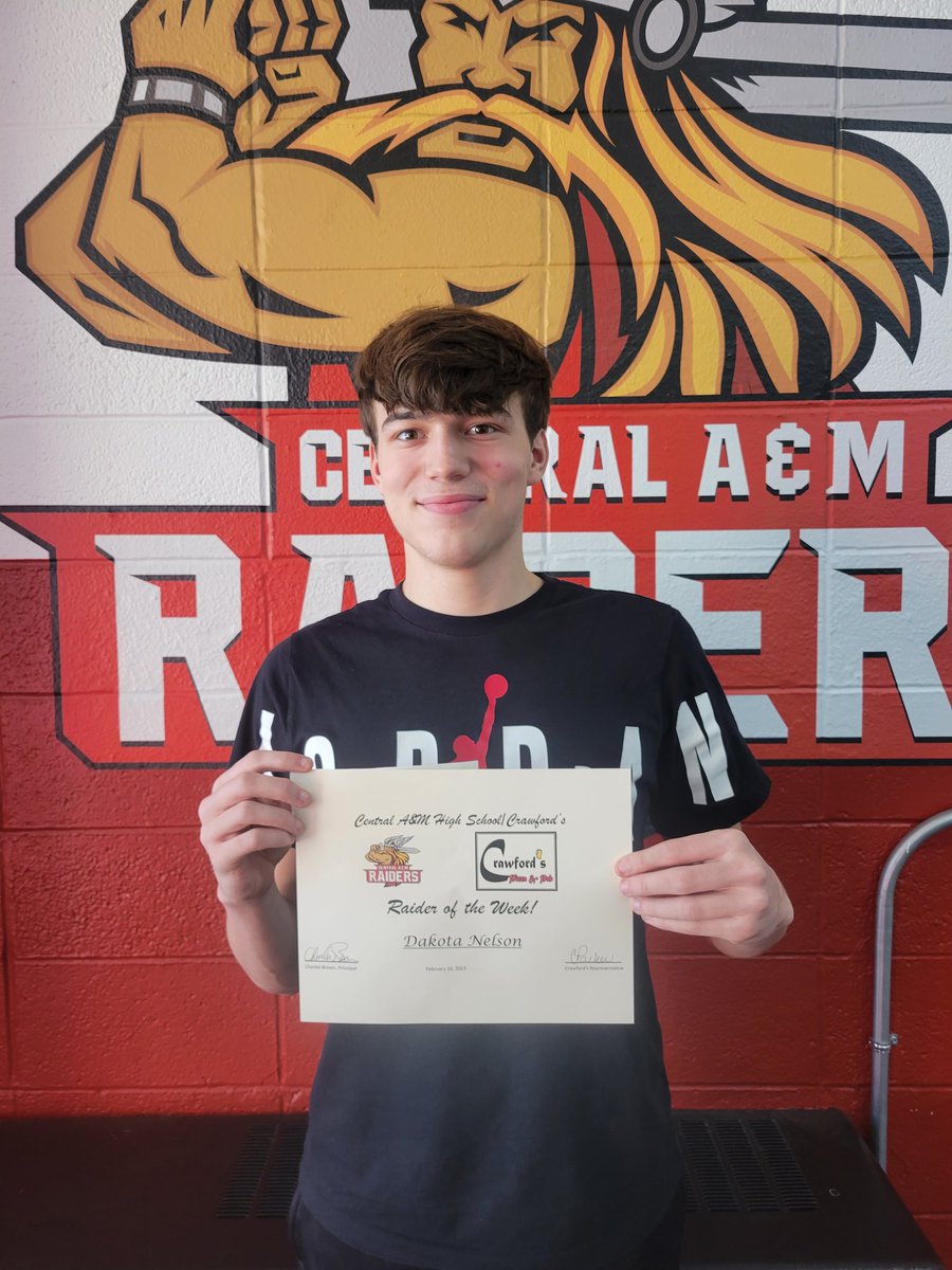 Catching up again! 

Congratulations to last week's Crawford's/Central A&amp;M Raider of the Week: Sophomore Dakota Nelson.

Dakota is the son of Jennifer and Mike Woodard. 

Dakota was nominated due to his excellent work as a concession stand volunteer.

He participates in football,