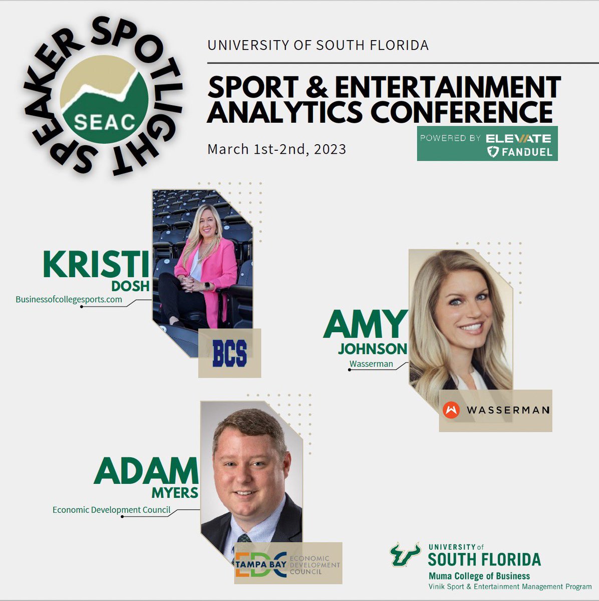 Our annual Sport and Entertainment Analytics Conference is Wednesday, March 1st &amp; 2nd. 
 
We are excited to begin announcing speakers!
📈 Kristi Dosh, Businessofsports.com
📈 Amy Johnson, Wasserman
📈 Adam Myers, TB Economic Development Council

Powered by Elevate and FanDuel